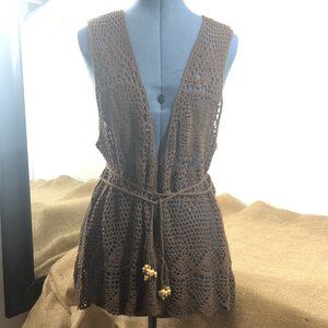 NY Collection – Women XL, Sleeveless Crochet Knit Vest, Chocolate Brown, Drawstr